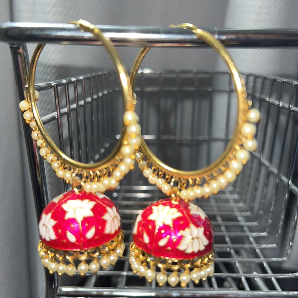 Hot Pink Painted Bell Shape on Gold Hoop with Dangling Faux Pearls Earrings